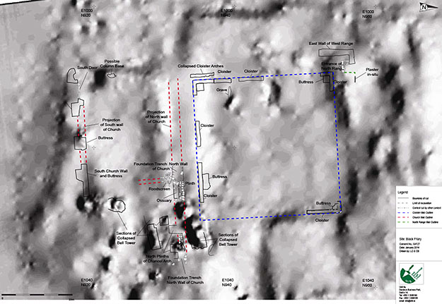 Figure 4: Topographical survey of the site with the features excavated to date superimposed on the survey
